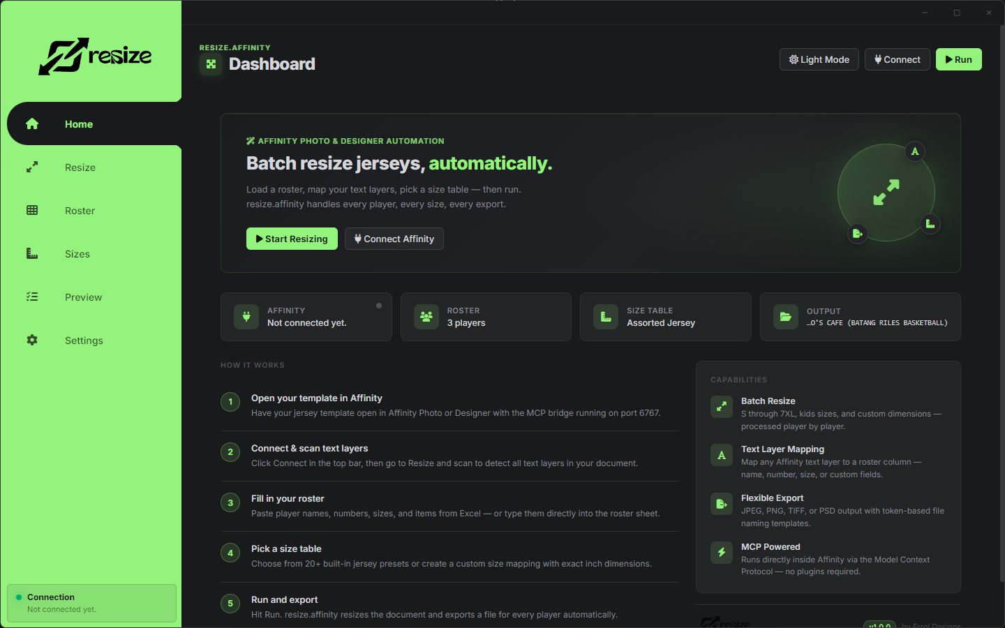 resize.affinity dashboard interface