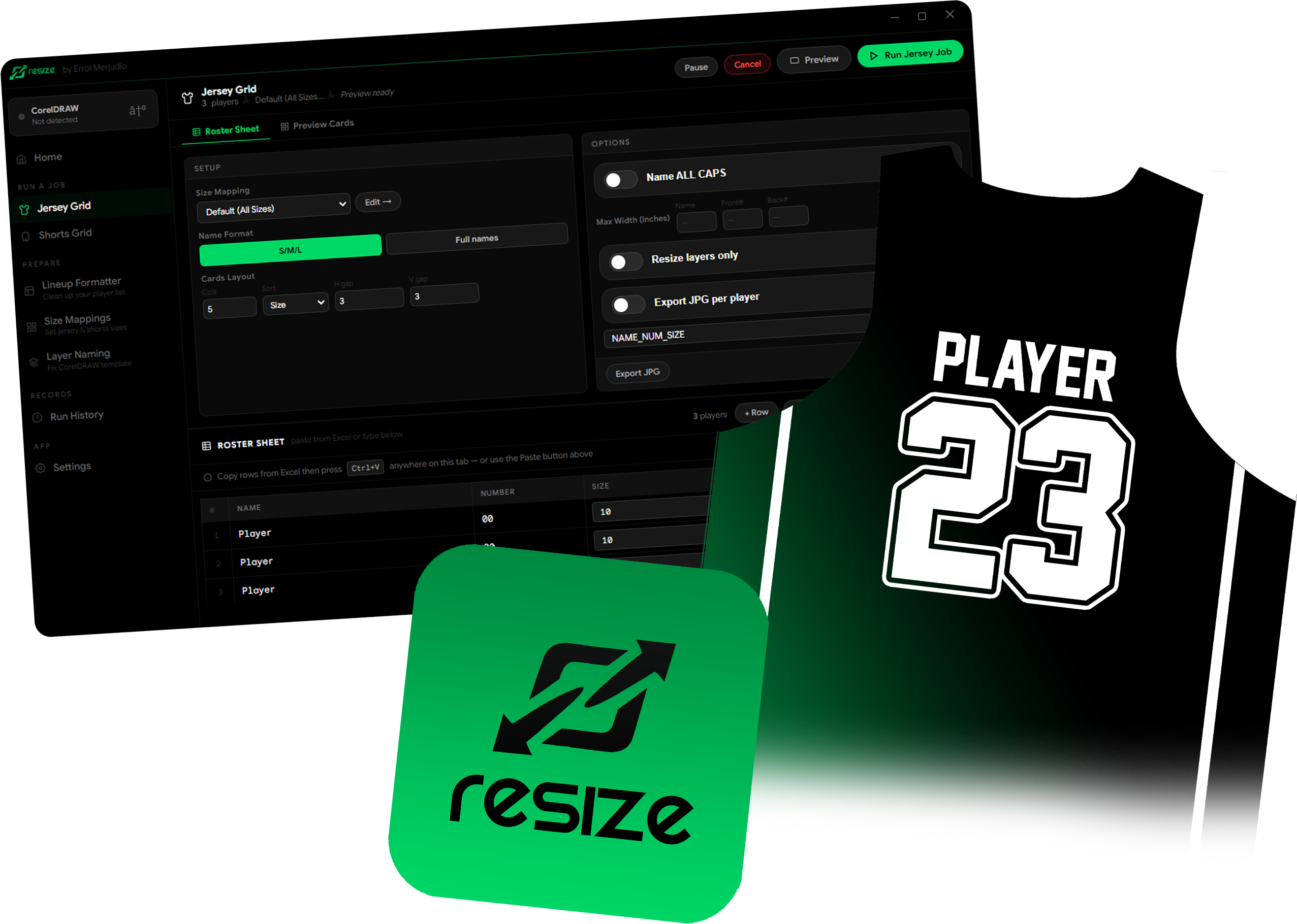 Resize CDR app automating jersey orders